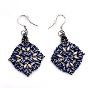 OOAK Czech Glass Matte Silver Dark Blue Beaded Pierced Drop Earrings